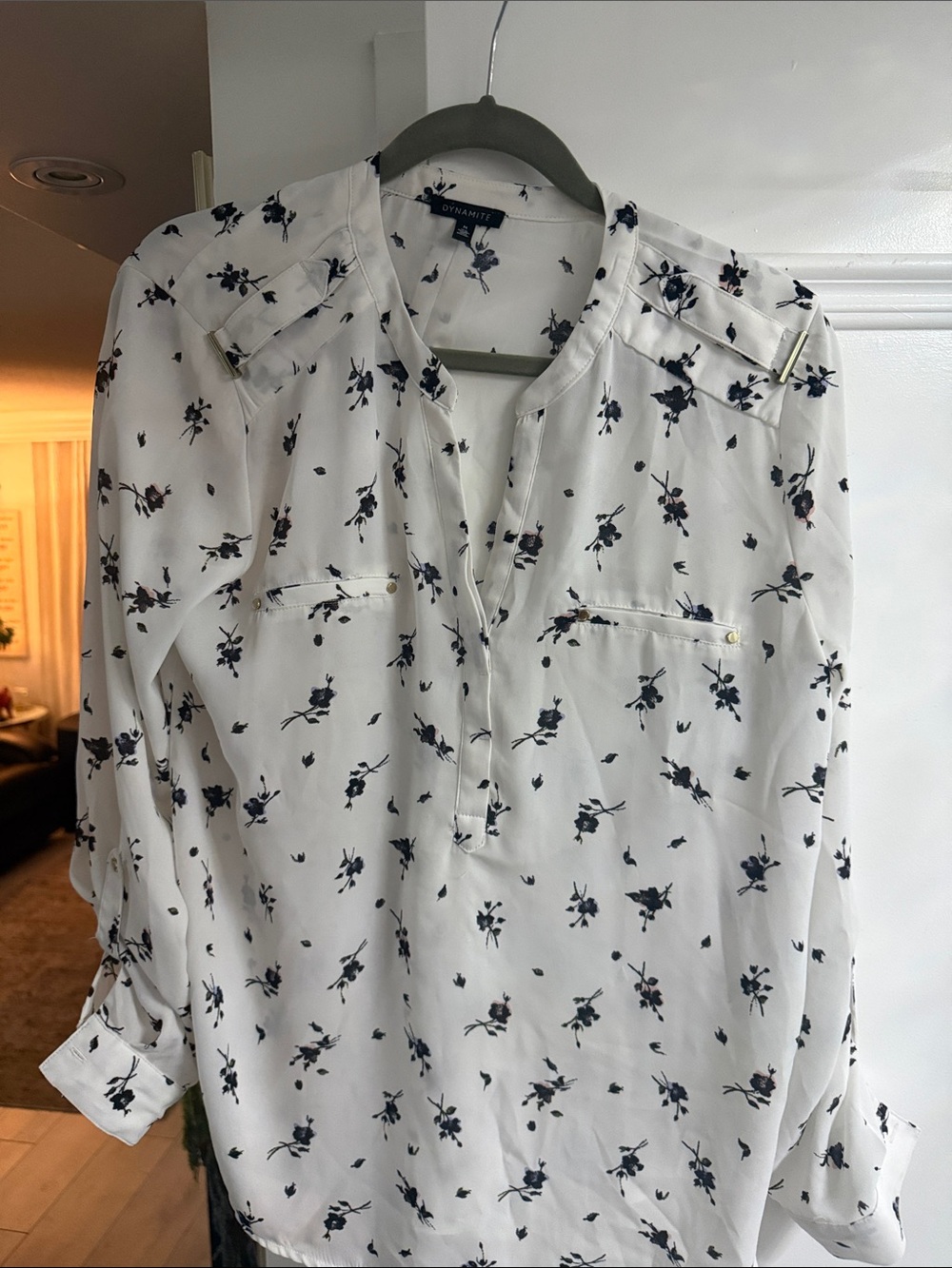 Dynamite White Blouse with Navy and Black Floral Print